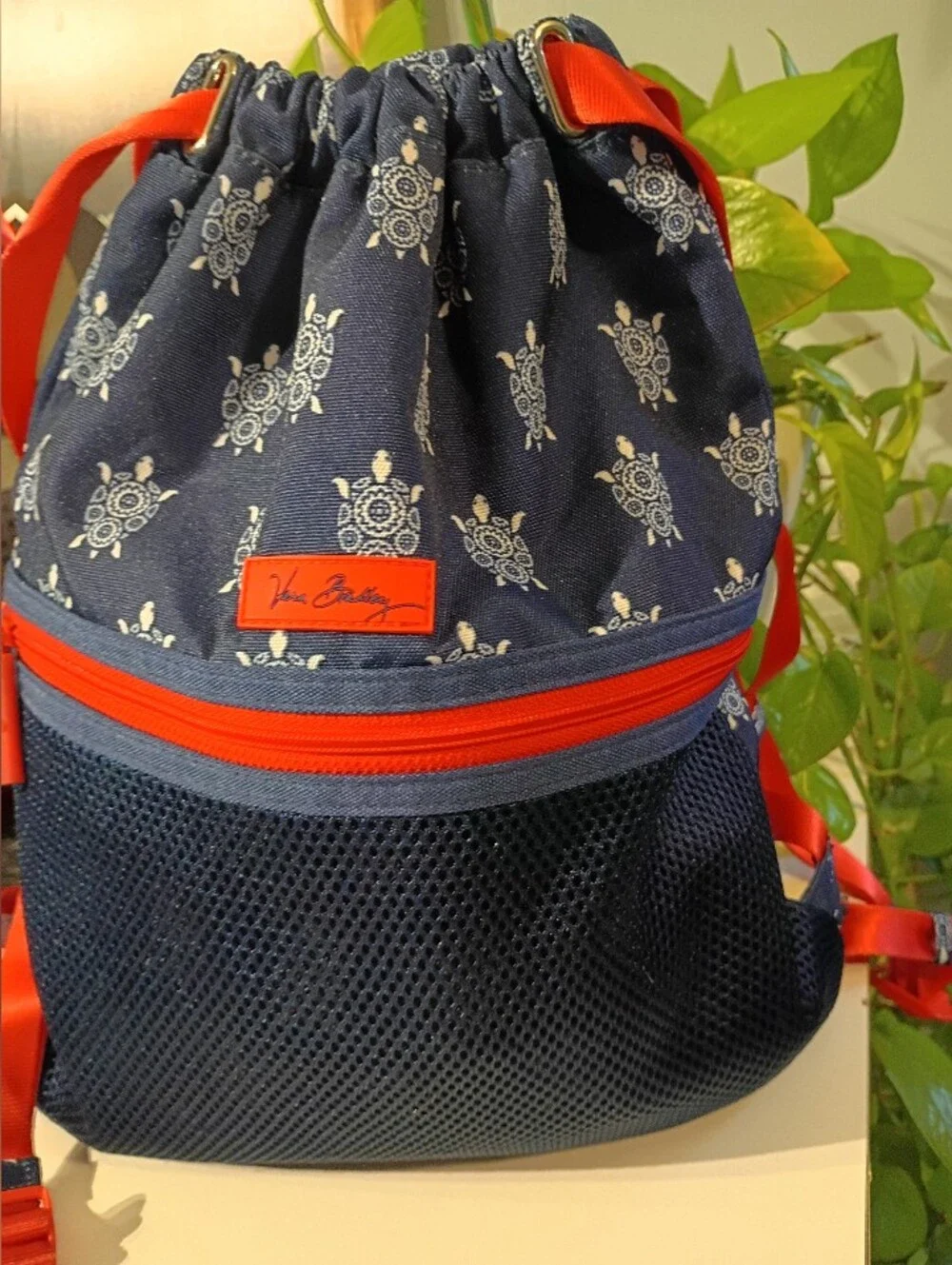 Vera Bradley Navy Drawstring Backpack with Red Trim
